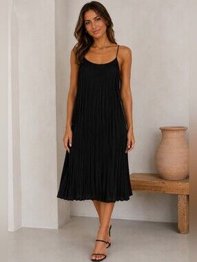 Wayf Black Pleated Spaghetti-Strap Midi Dress